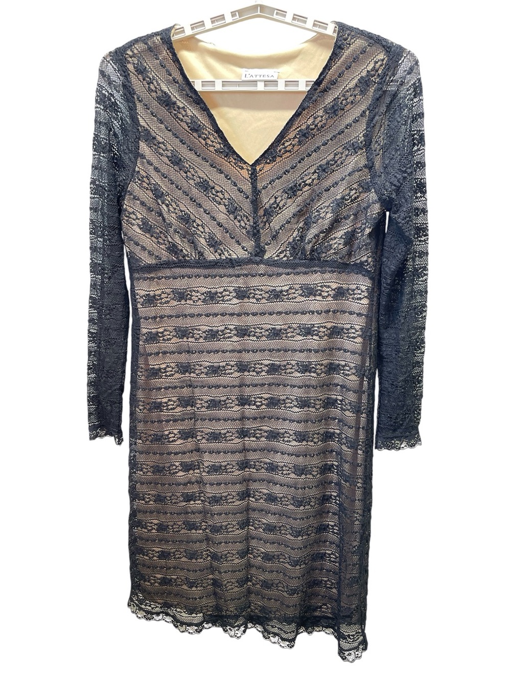 L’Attesa Cocktail Dress Long Sleeve Black Lace Overlay Beige Lining Sz L Vintage